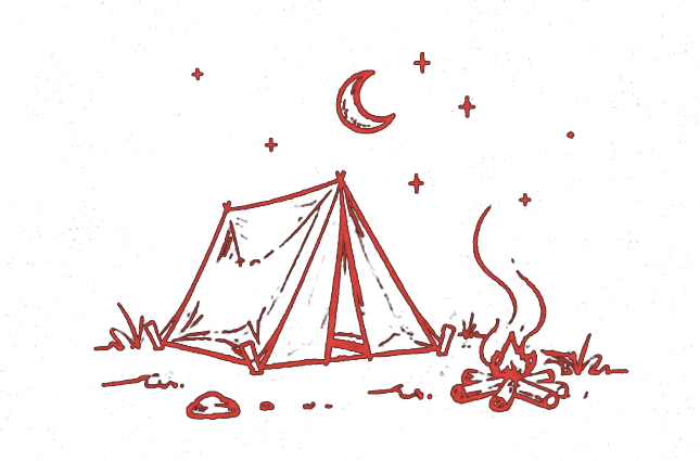 A tent and campfire under a crescent moon